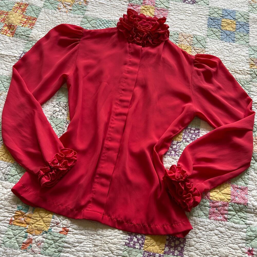 Vintage 70s Cranberry Pierrot Ruffled Collar + Cuff Puff Sleeve Blouse XS S
